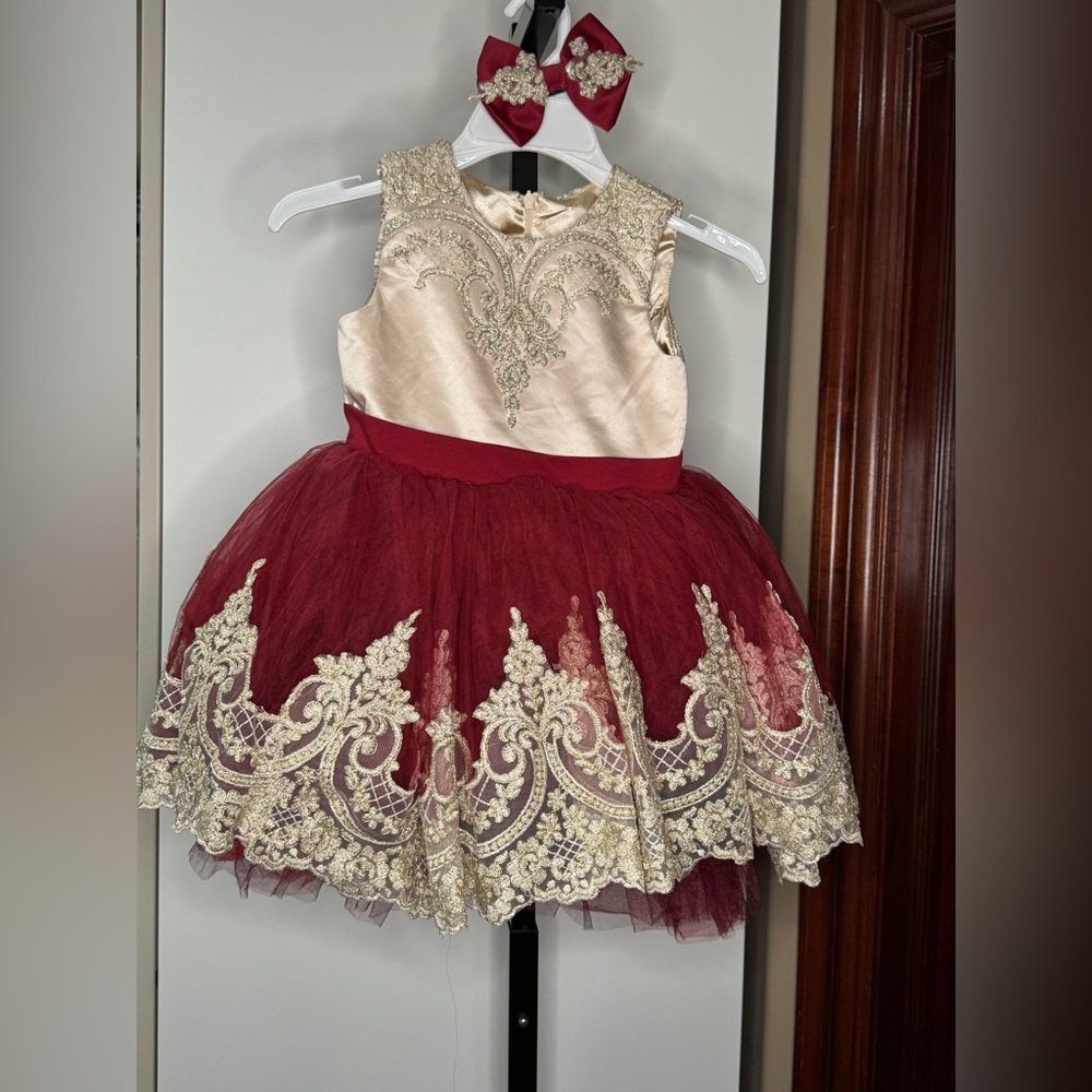 Handmade Elegant Red and Gold Lace Dress with Bow